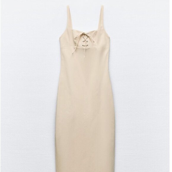 Zara Midi Dress with lace-up drawstring - S - Sand - Picture 8 of 11